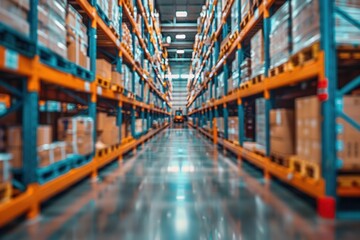 Retail warehouse full of shelves with goods in cartons, with pallets and forklifts Logistics and transportation blurred background Product distribution center