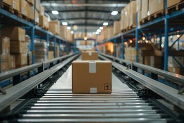 Multiple cardboard boxes on conveyor belt in warehouse closeup ecommerce fulfillment delivery automation products