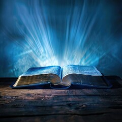 An open Bible sitting on a wooden table, suitable for various settings such as offices, homes, or churches