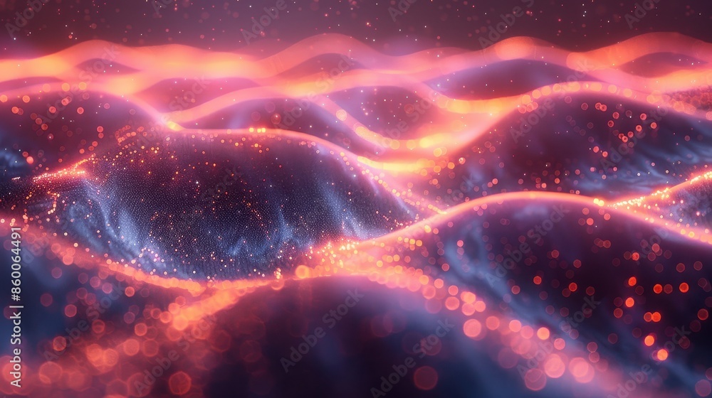 Poster a stunning visual featuring neon waves and rippling surfaces with glowing particles, showcasing a fl