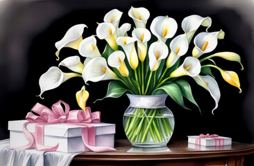 watercolor postcard, bouquet of calla lilies in a vase and gift boxes with bows