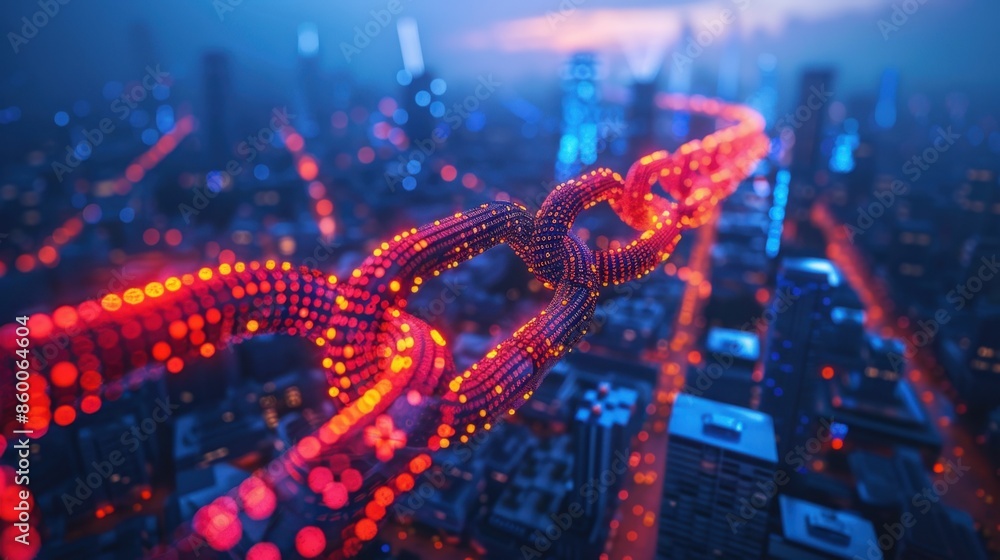 Aufkleber blockchain for secure city transactions: abstract digital blockchain network overlaid on a cityscape