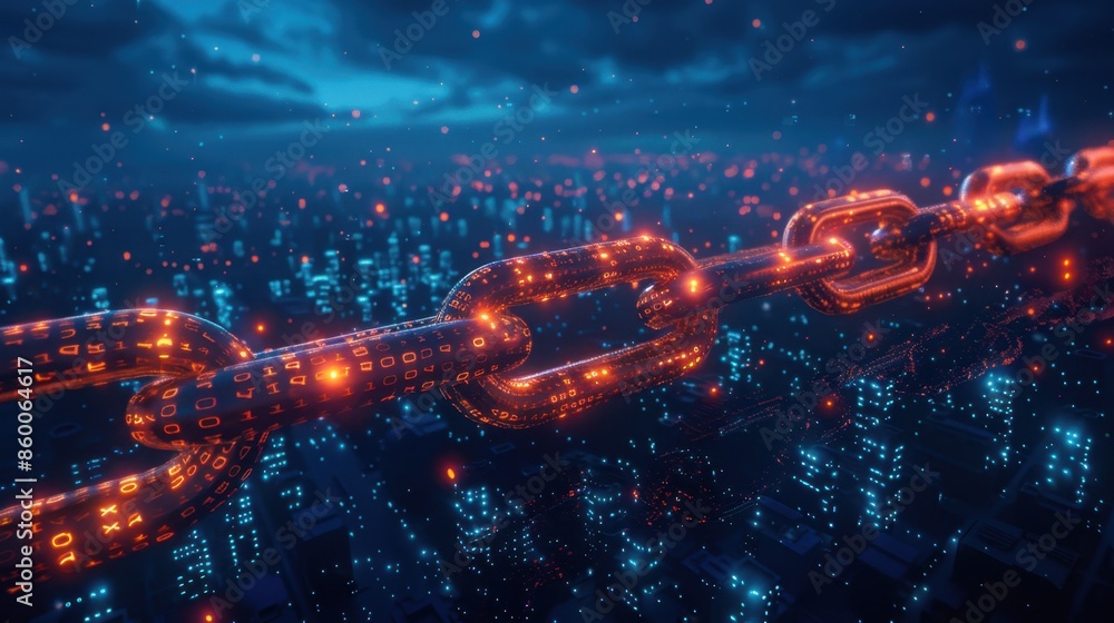 Aufkleber blockchain for secure city transactions: abstract digital blockchain network overlaid on a cityscape