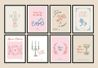 Minimal hand drawn vector dolce vita illustration set with aesthetic quote in a poster frame. Matisse style illustrations.	