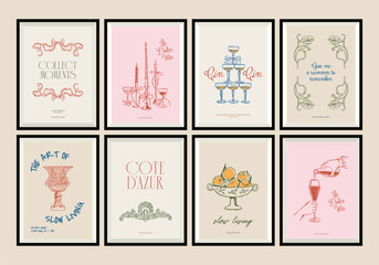 Minimal hand drawn vector dolce vita illustration set with aesthetic quote in a poster frame. Matisse style illustrations.	