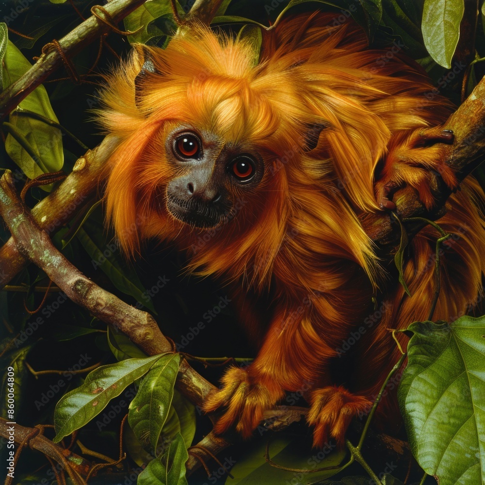 Poster a close-up view of a monkey sitting in a tree, surrounded by leaves and branches