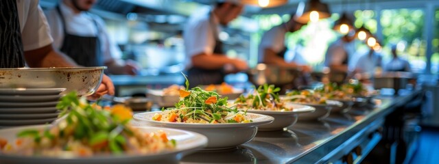 A group of chefs are preparing food in a kitchen. The food is arranged on a long counter with many plates of food. Scene is busy and focused, as the chefs are working together to prepare the dishes