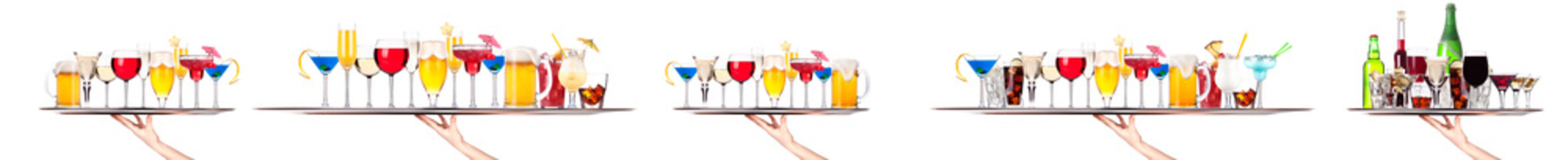 Hand holding tray with different alcohol cocktails isolated on white background