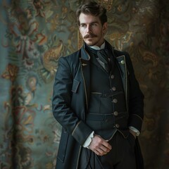 A person dressed in formal attire, standing in front of a blank wall