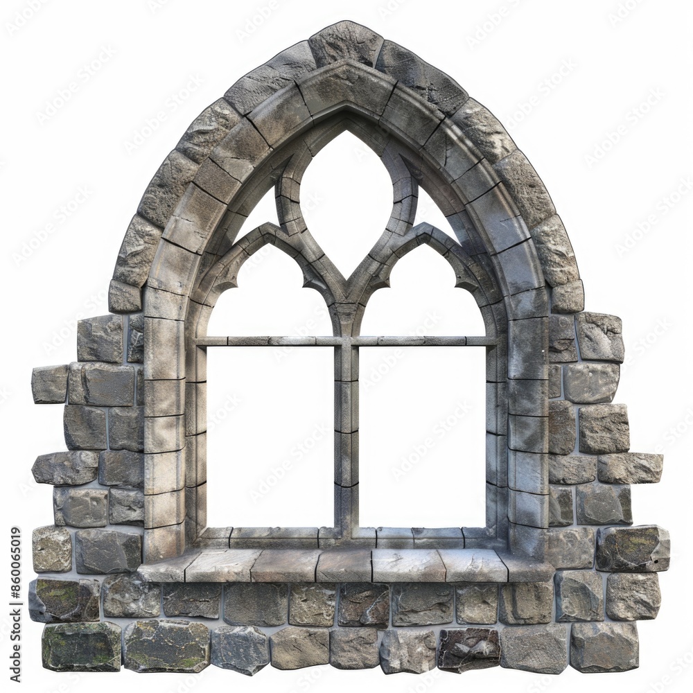 Poster a stone window frame with a bird perched on it, suitable for use in rustic or country-themed designs
