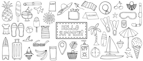 Summer elements doodle set. Vacation equipment, summer food, drinks and phrases. Summertime adventures, rest, fun and hobbies. Black lines hand drawn vector doodles. Isolated on white background.