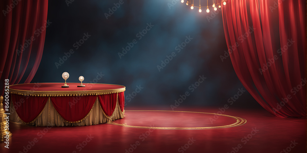 Wall mural circus stage podium background 3d carnival light red show curtain. circus platform stage podium tent