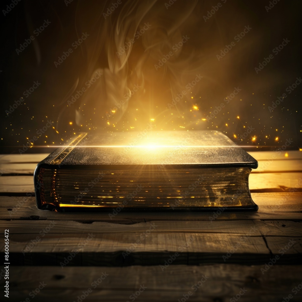 Poster a book with a bright light emanating from it, placed on a wooden table