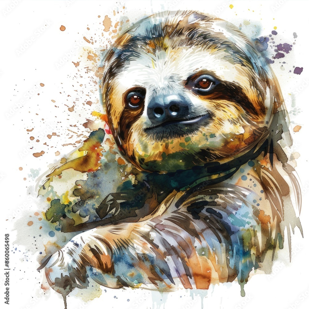 Poster a colorful illustration of a sloth relaxing on a branch, great for use in nature or conservation the