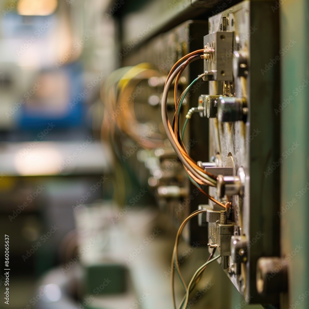 Poster Detailed view of a group of wires on a mechanical device, ideal for technical illustrations and diagrams