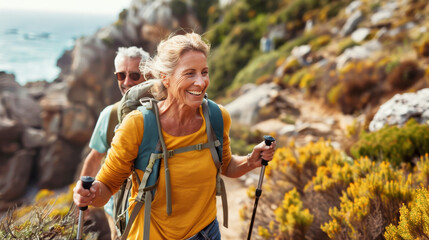 A happy middle aged couple hiking on a coastal path