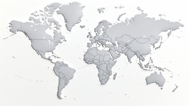 Detailed world map outline with borders on a crisp white background for clear visualization