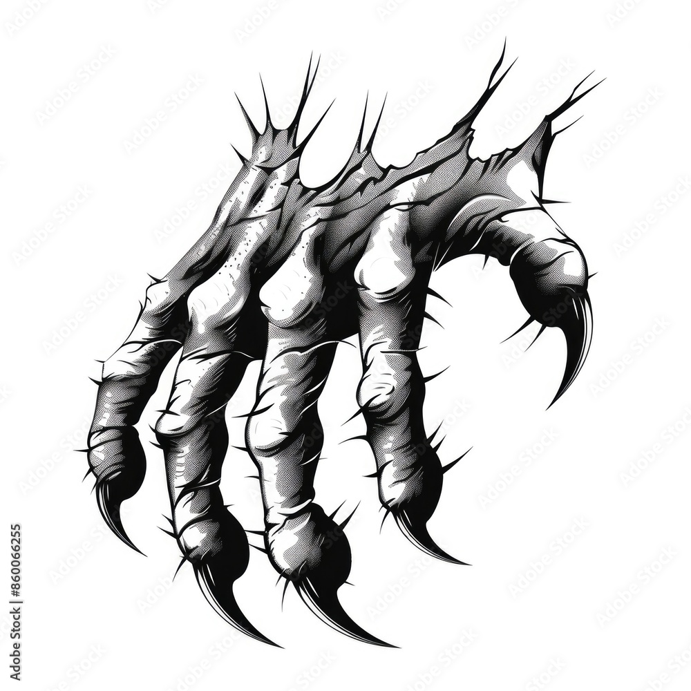Poster a black and white illustration of a claw with sharp claws