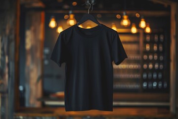 Black T-Shirt on Hanger with Blurred Bar or Restaurant Background
