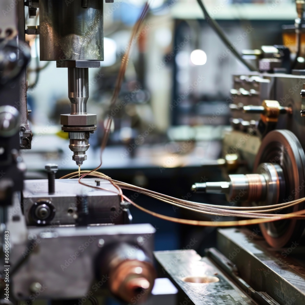 Poster a machine working on a piece of metal, focus on the mechanical process
