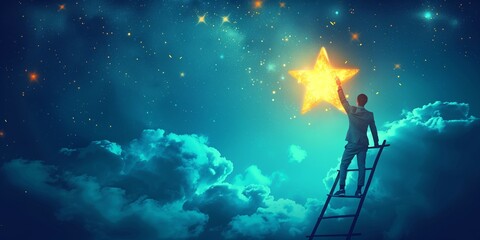Obraz premium Man Reaching for Star in Night Sky