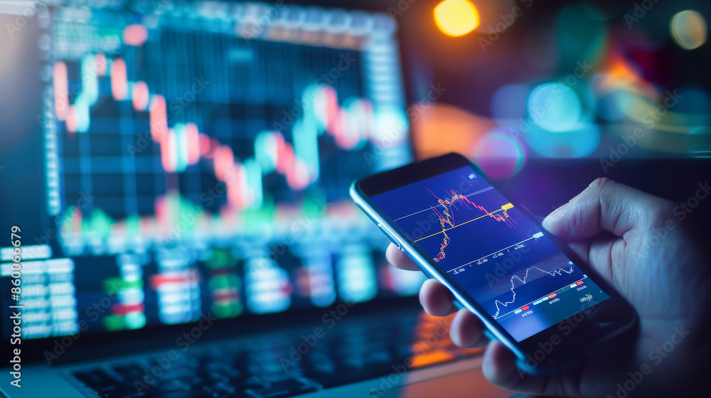 Poster a hand holding a mobile phone displaying a trading graph and stock market data