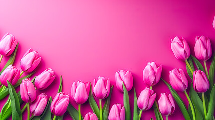 Beautiful pink tulips forming a frame on a pink background