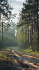 Fototapeta premium early morning forest, light haze, coniferous trees. freshness and clean air. road.