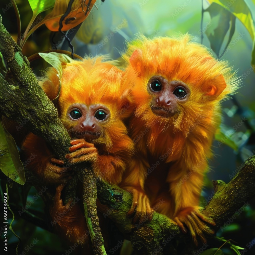 Poster A pair of monkeys resting on the branches of a tree, providing a serene and natural scene