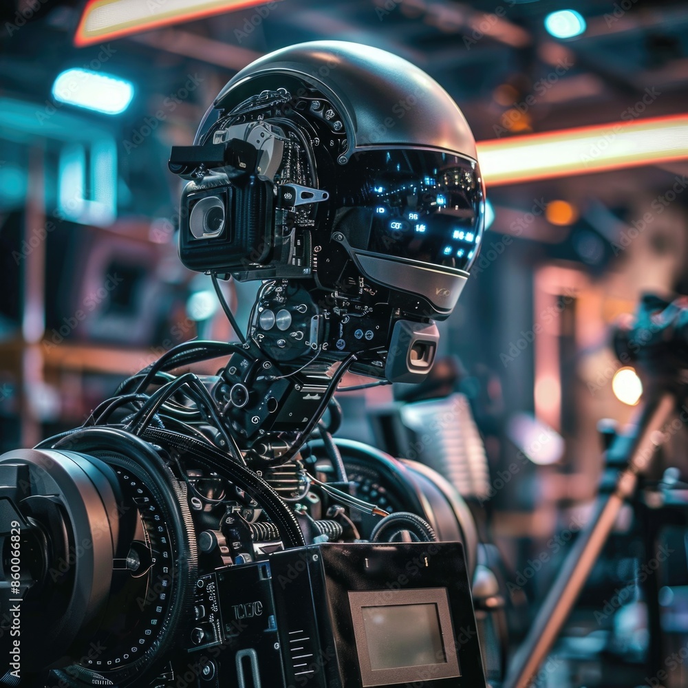 Aufkleber A robot standing in front of a camera, suitable for use in technology, robotics, and automation contexts