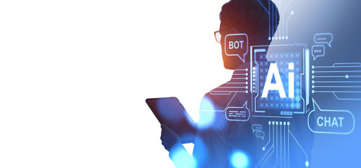 Businessman using tablet, digital AI hologram with messages. Copy space