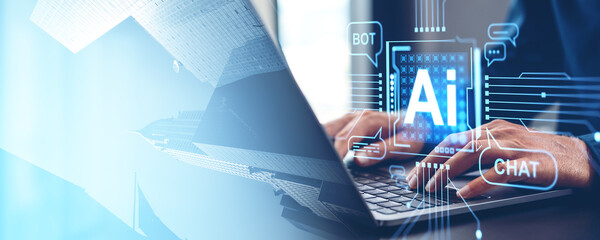 Mans hands typing on a laptop with AI-themed hologram graphics on a city background, representing...