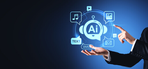 Mans hands interacting with AI icons on a dark blue background, representing AI services and assistance