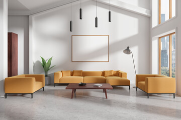 Modern living room with orange sofas, a coffee table, and a framed canvas on a white wall, with large windows on a cityscape background, mockup for interior design template. 3D Rendering