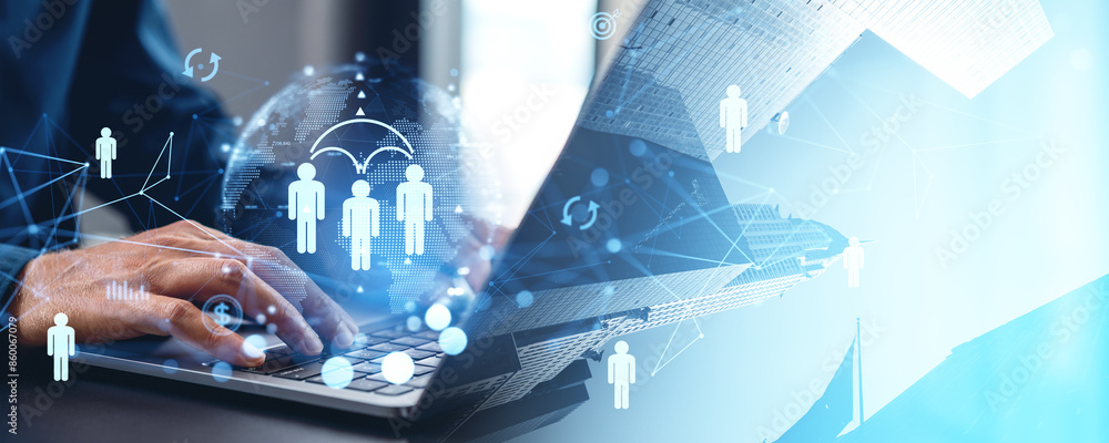 Poster hands typing on a laptop with business and network icons overlay on sky background. concept of onlin