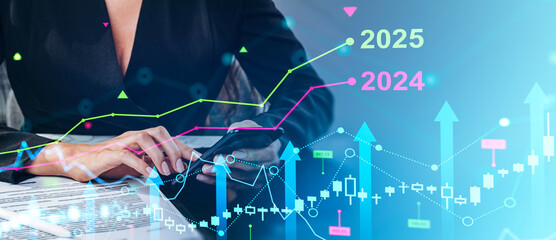 A businessperson using a smartphone with financial graphs and charts superimposed. Light background. Concept of financial growth and forecasting