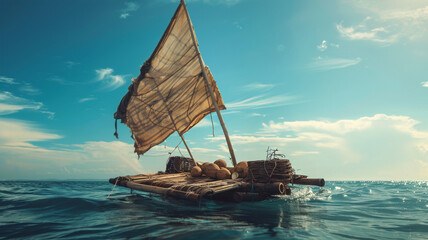  a raft with a sail made of scraps of wood and rags. vast ocean, Endless horizon, clear sky with overheated sun. water survival, disaster, shipwreck.