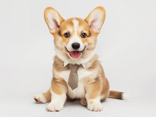 Small Corgi Puppy with Large Upright Ears Wearing a Necktie on Seamless White Studio Background
