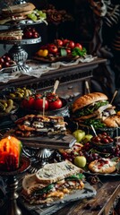 Graveyard Snack Buffet Spread Background with Tombstone Sandwiches and Skeleton Veggie Platter