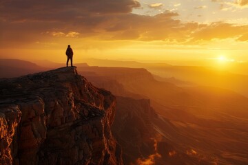Fototapeta premium Silhouette of a Hiker at Sunset Over a Mountain Range
