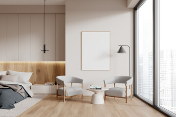 Modern bedroom interior with blank wall canvas, light color theme, large window with city view, home decor.  3D Rendering