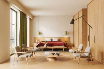 Wooden home bedroom interior with bed, armchairs and panoramic window