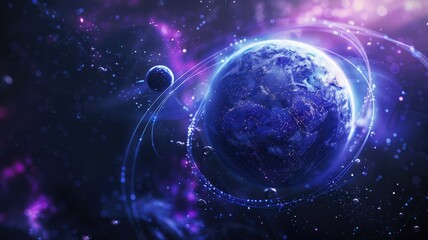 Abstract digital artwork of planet and space with blue and purple hues. Digital artwork of planet...
