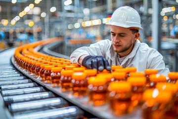 Food factory employee checking quality of production on conveyor belt