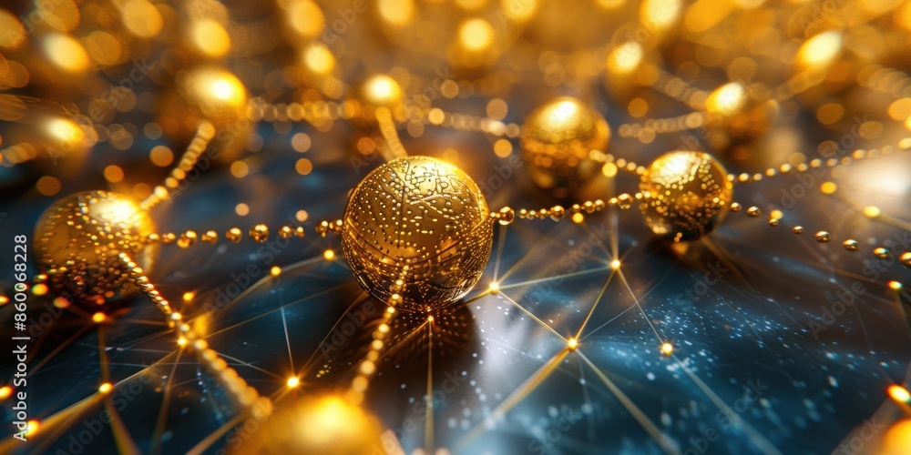 Poster abstract representation of a network with golden spheres and glowing connections on a dark backgroun