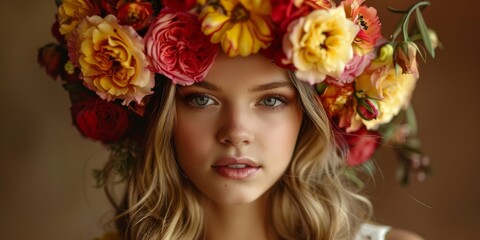 Naklejka premium Elegant Bride Wears Floral Wreath at Stylish Wedding