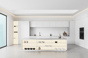 White home kitchen interior with bar island and dishes, cabinet with window