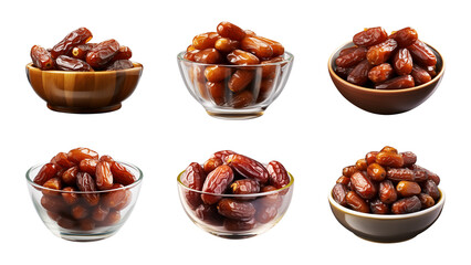 Obraz premium Collection bowl of dried date fruits isolated on a transparent background, cut out, PNG