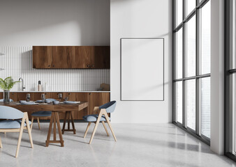 Modern home kitchen interior with eating table and window. Mockup frame