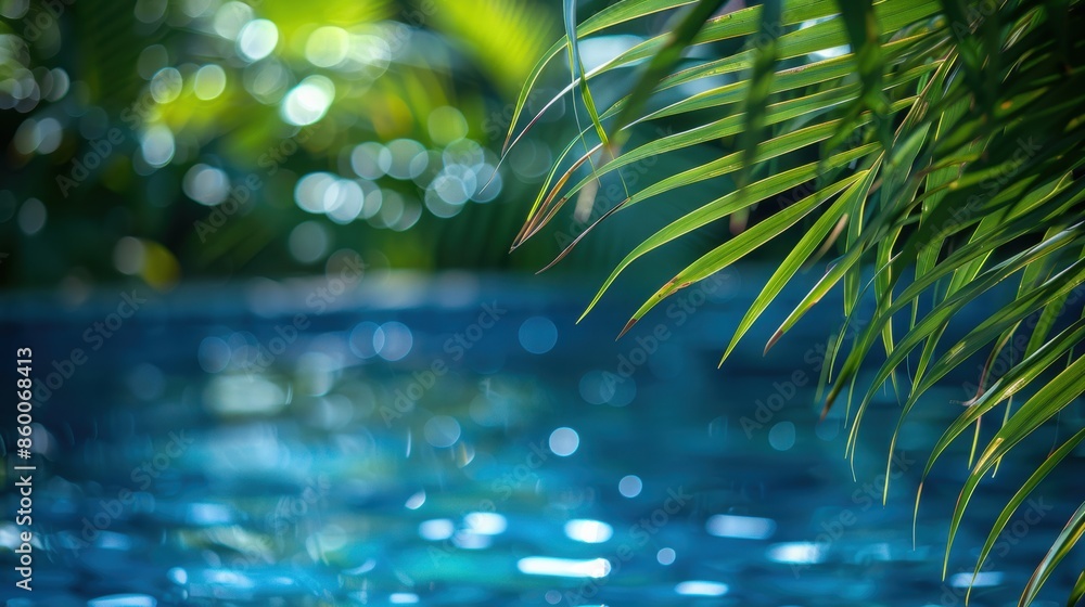 Poster close-up of palm leaves with a sparkling blue pool in the background, creating a tropical and refres